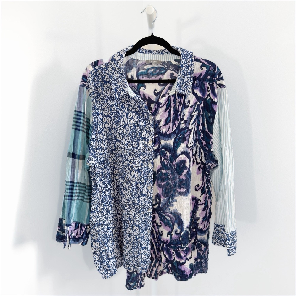 Habitat Top Womens XL Blue Floral Button Up Gauzy Crinkle Cotton Boho Coastal